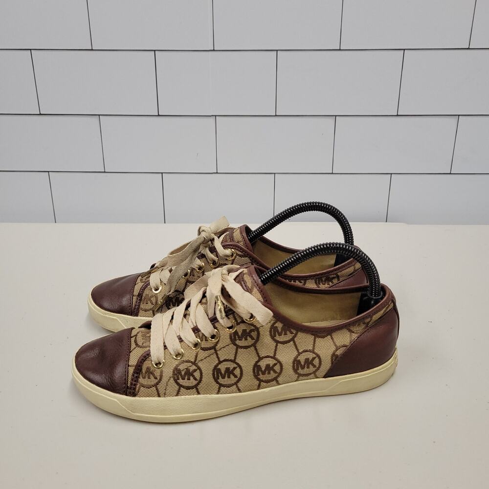 Michael Kors Women’s 8M MK Logo Monogram Brown Leather Lace Up Sneakers